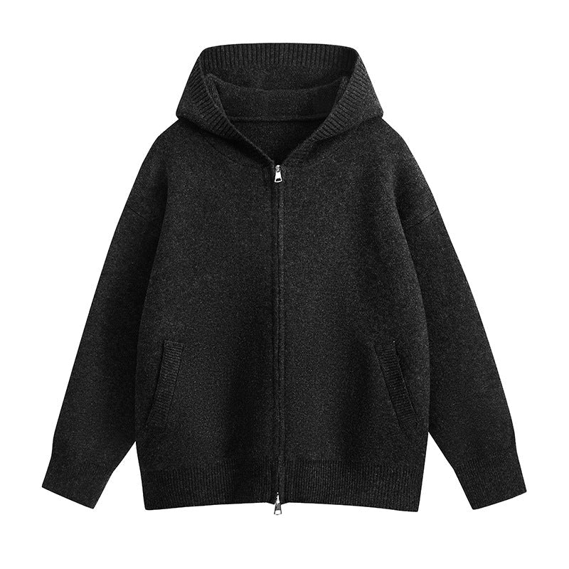 Preppy Style Solid Color Double-Zip Hooded Cardigan Sweater Coat